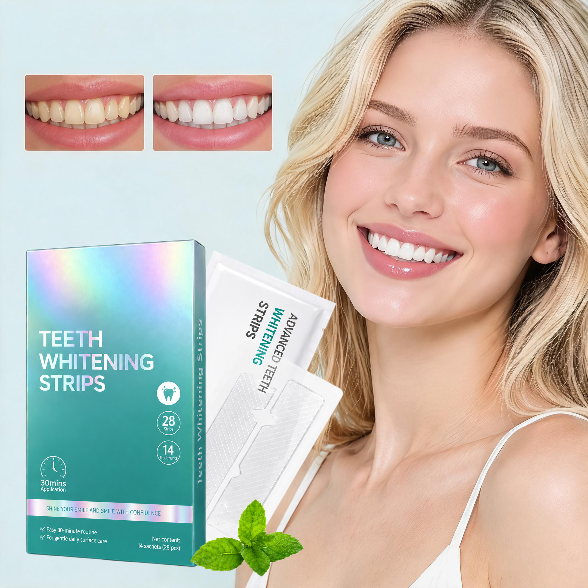 Whitening teeth strips, gentle, fresh scent, portable