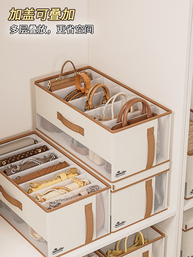 Handbag storage box with lid, wardrobe organizer, compartmentalized, large capacity