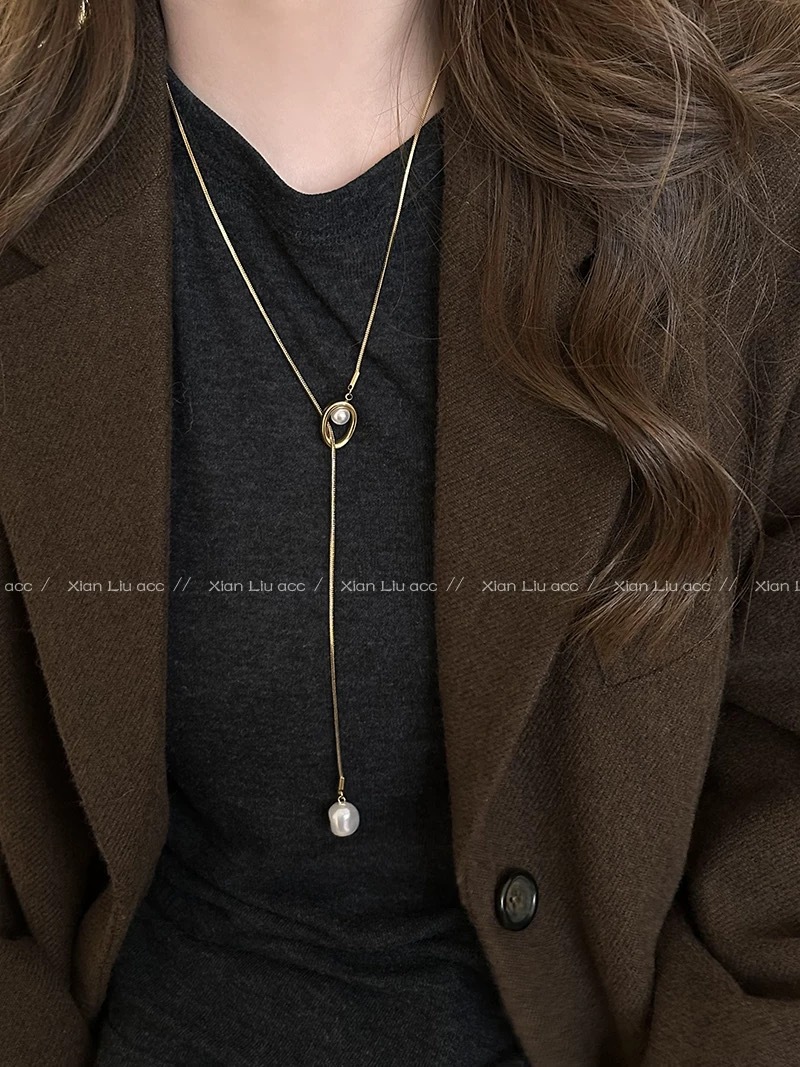 Pearl pendant long sweater chain necklace non-fading premium