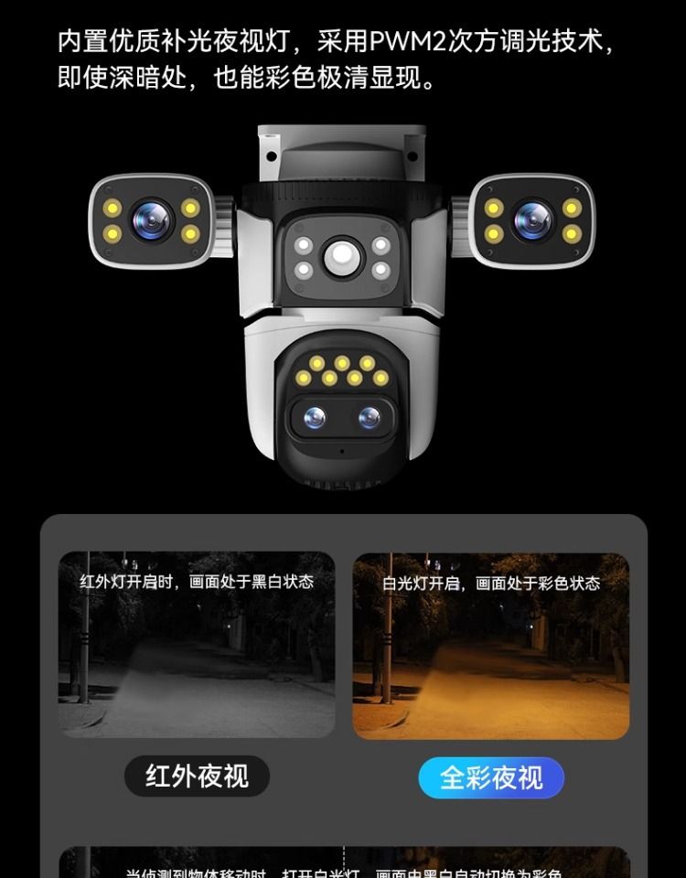 360-degree triple camera, HD surveillance, quad-lens