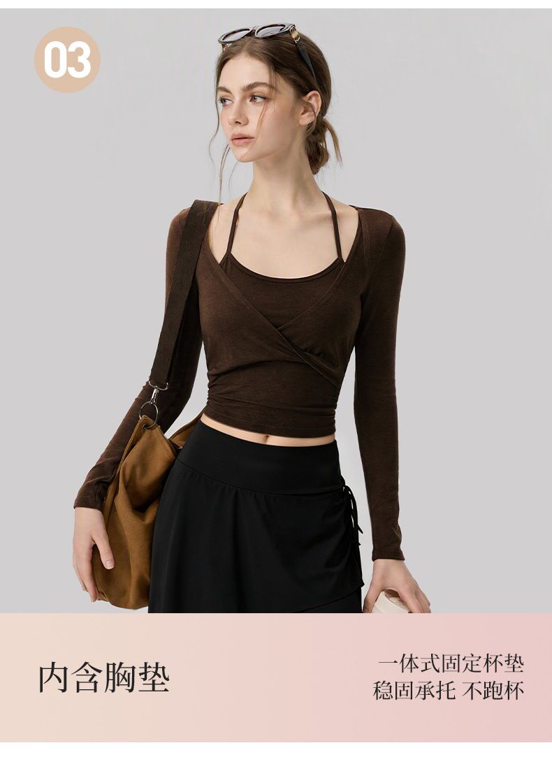 Yoga long sleeve top with halter neck and chest pad