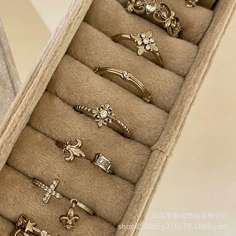 中古鸢尾花十字咖啡金戒指女款复古小众设计感独特叠戴食指戒指环