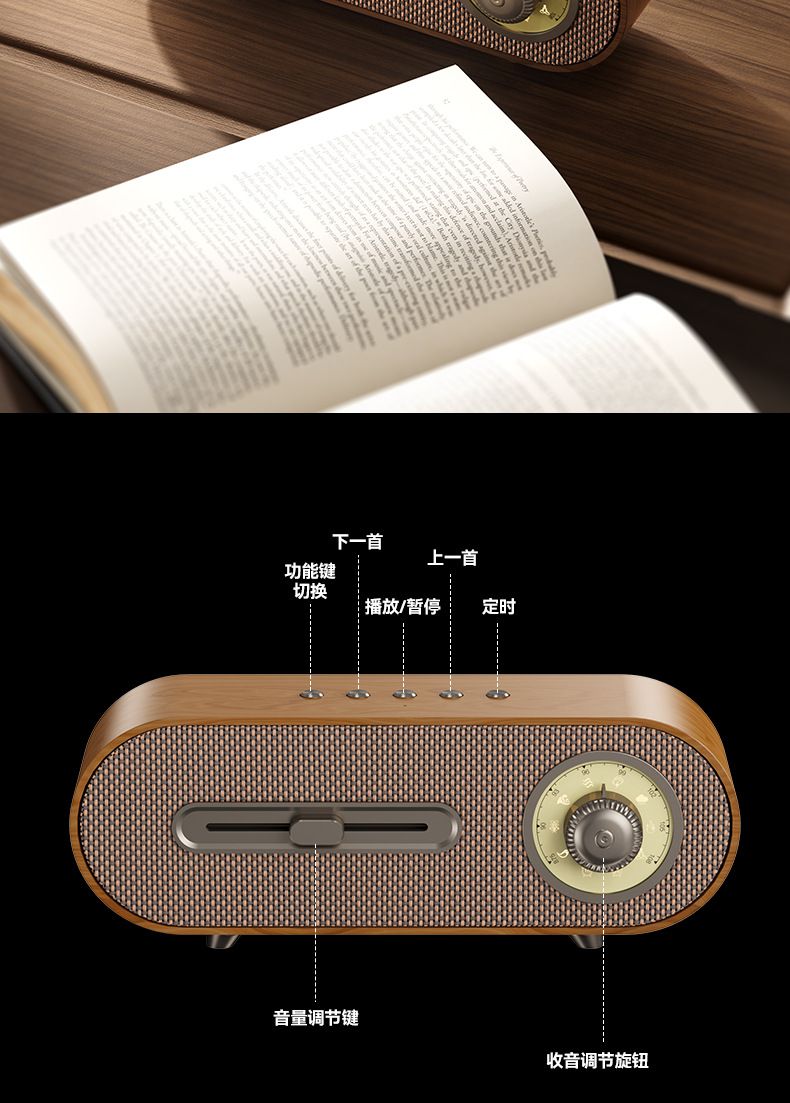 Retro Bluetooth-Lautsprecher mit Radio, Weißrauschen, Timer, kompaktes Schreibtisch-Modell