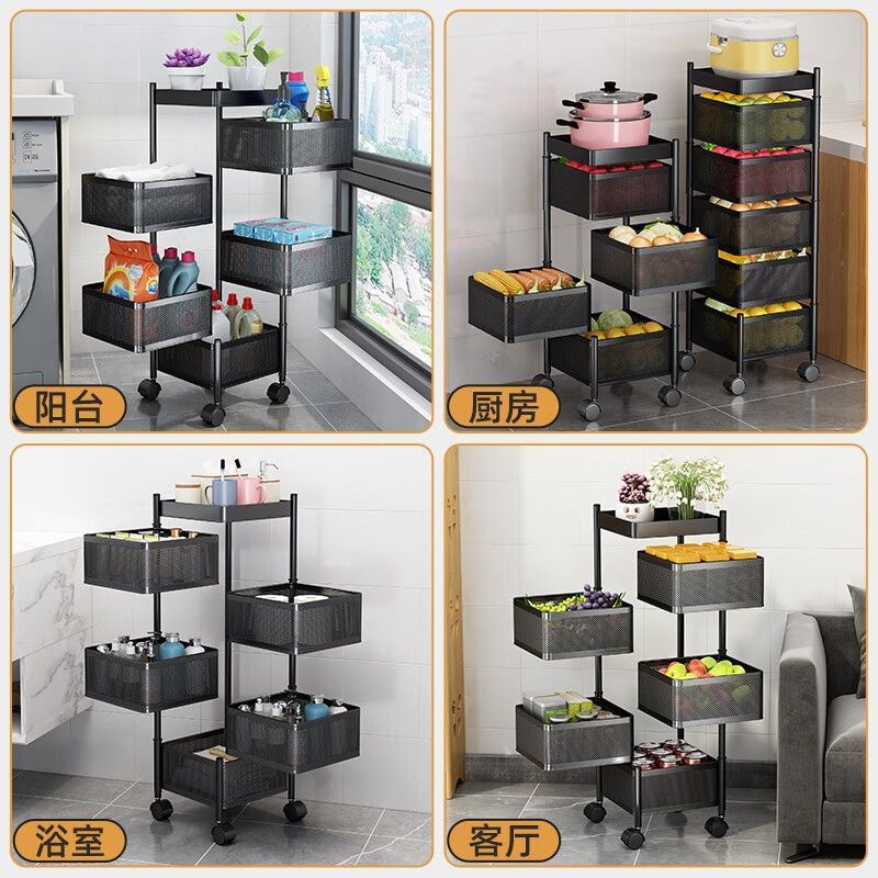 Kitchen cabinet shelf system with rotating compartments, spice and bowl storage