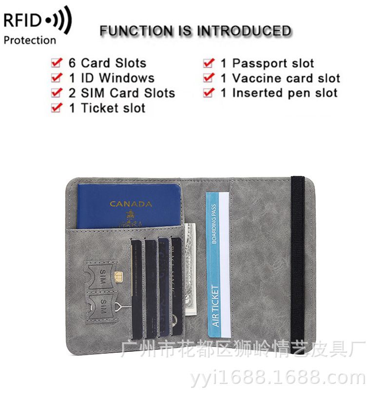 PU leather passport bag, RFID protection, multiple card slots