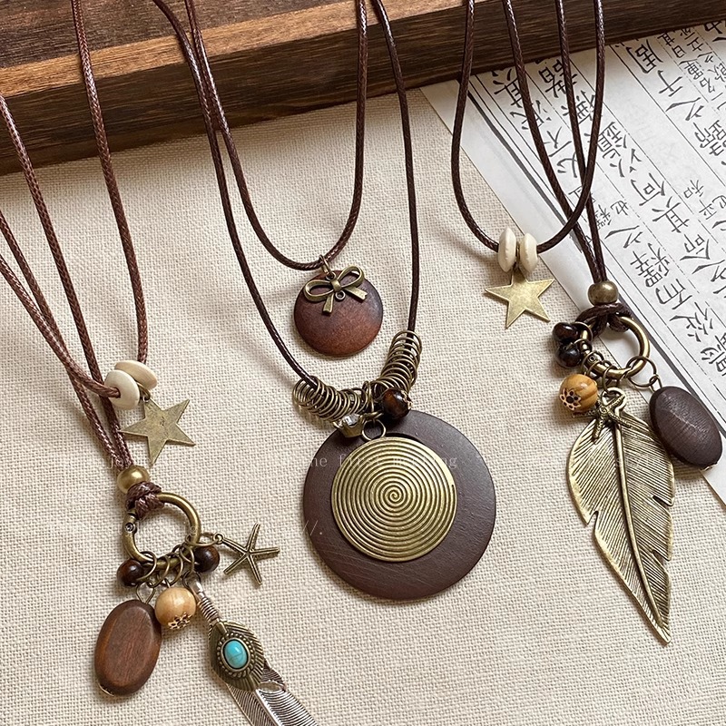 Zen feather necklace, retro bohemian, long collarbone chain