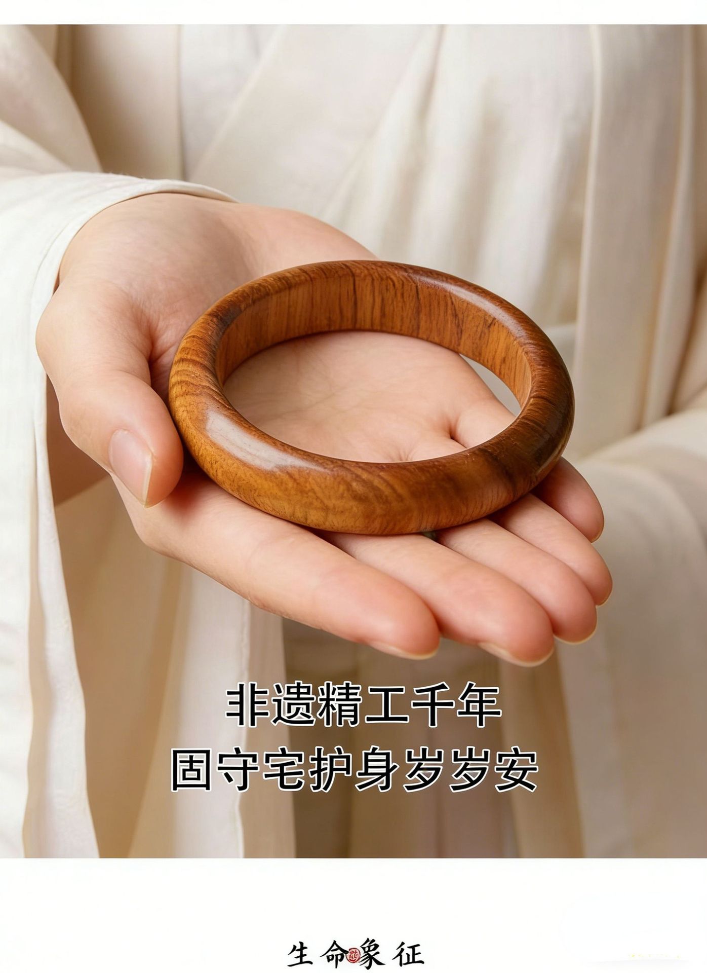Natural aged peach wood bracelet, wide bangle