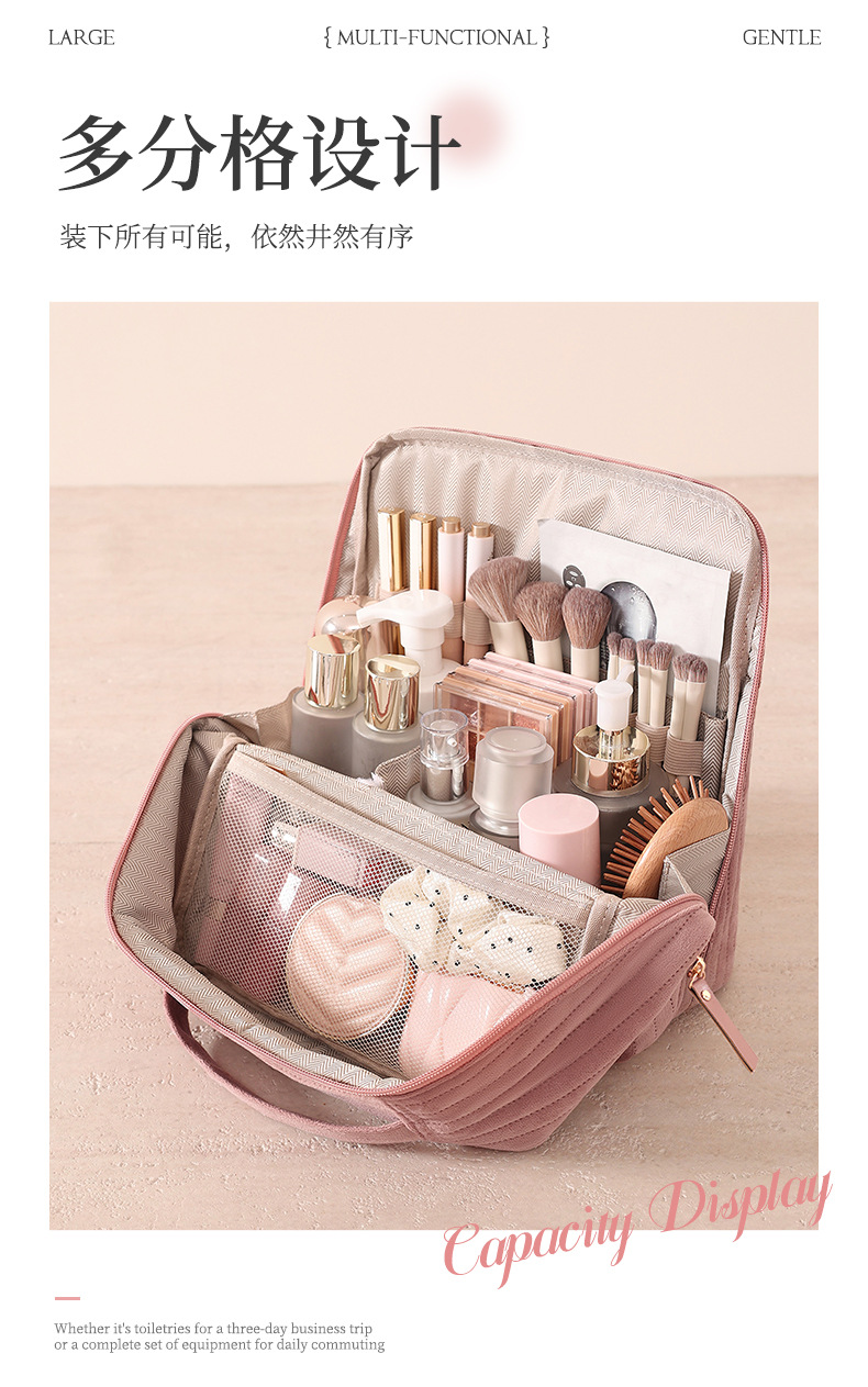 Upright cosmetic organizer bag, large capacity, compartments, travel
