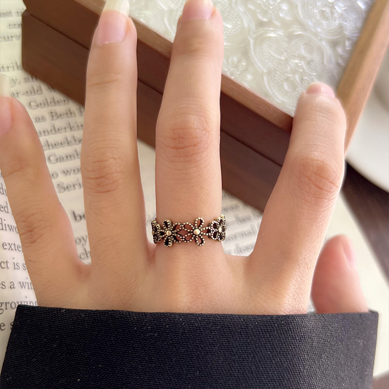 Lanzhi snowflake pattern 925 silver retro ring