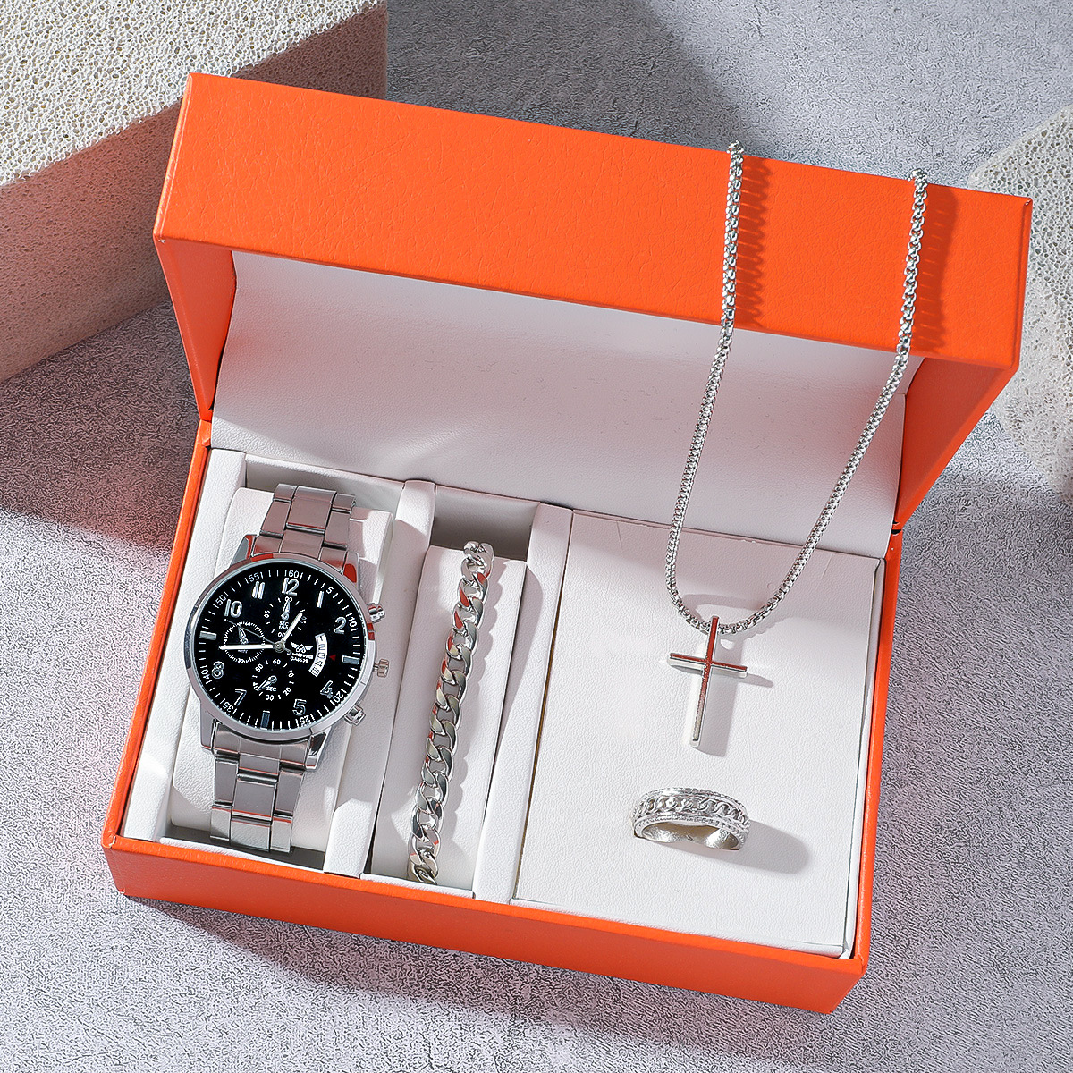 Men's 4-piece silver jewelry set with watch, bracelet, necklace, ring