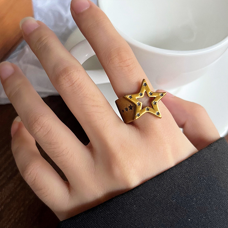 Five-pointed star 925 silver ring, hip-hop design