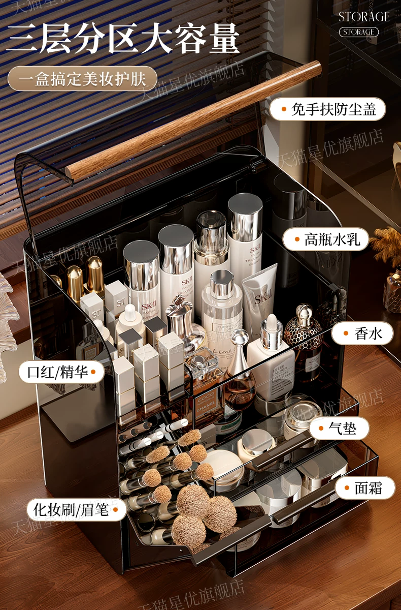 Cosmetics storage organizer box with dustproof design