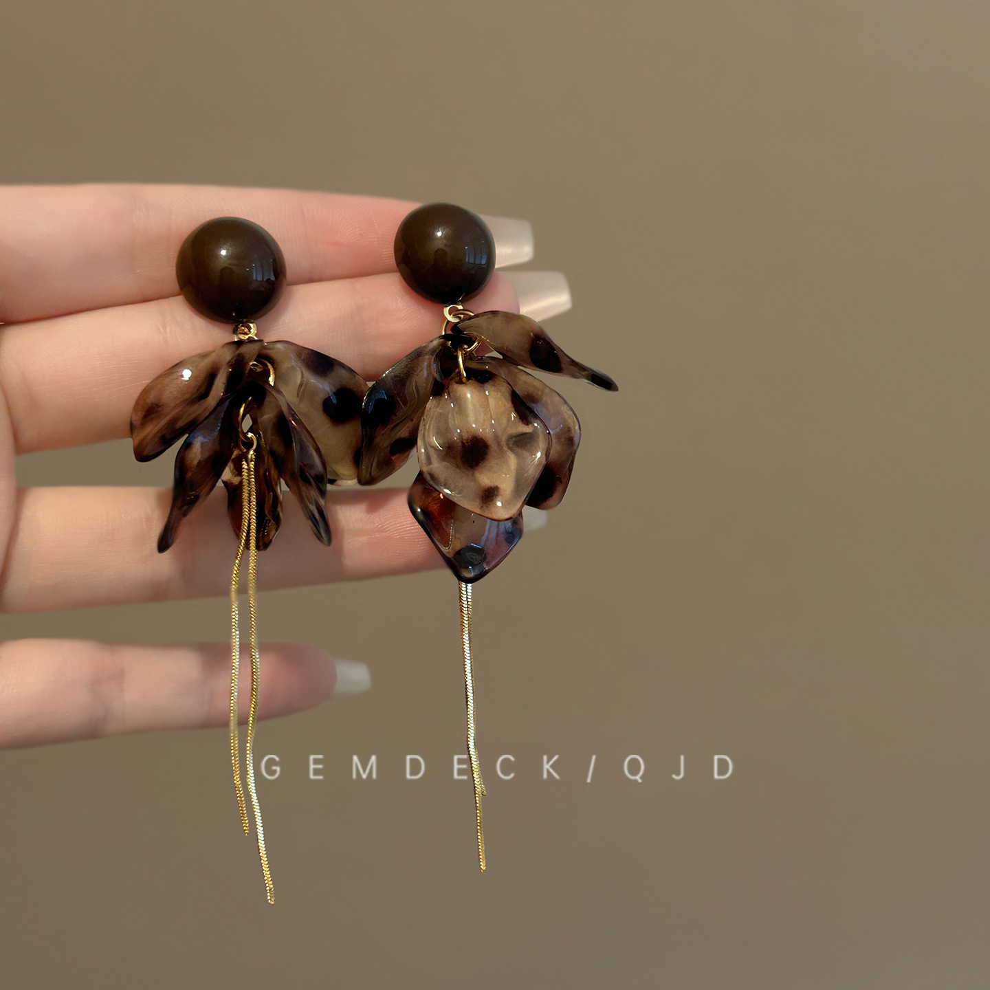 Leopard print petal tassel earrings, long drop style