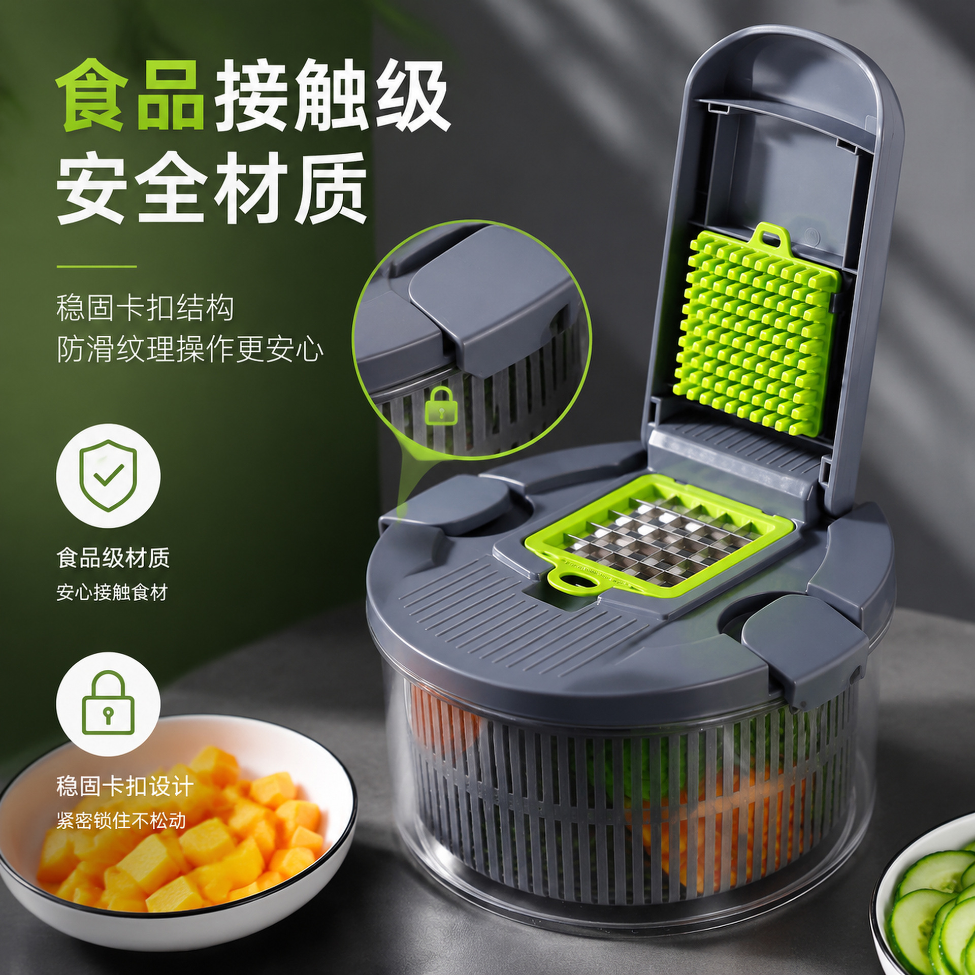 2-in-1 vegetable cutter and salad spinner, manual rotating