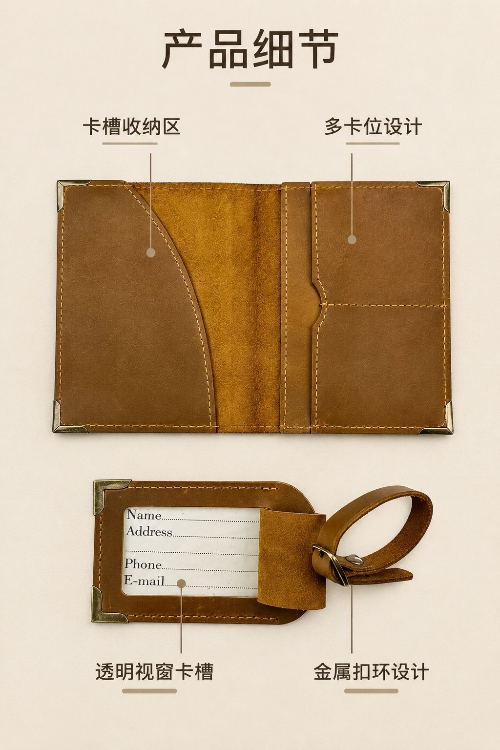 Crazy Horse Leder Reisepass-Tasche mit Vintage Gepäckanhänger