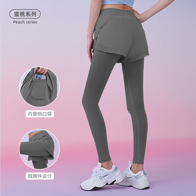 Sahte iki parçalı spor tayt cep pantolon çıplak hissediyorum spor uzun pantolon kadınlar için yüksek belli popo kaldırma yoga pantolonları