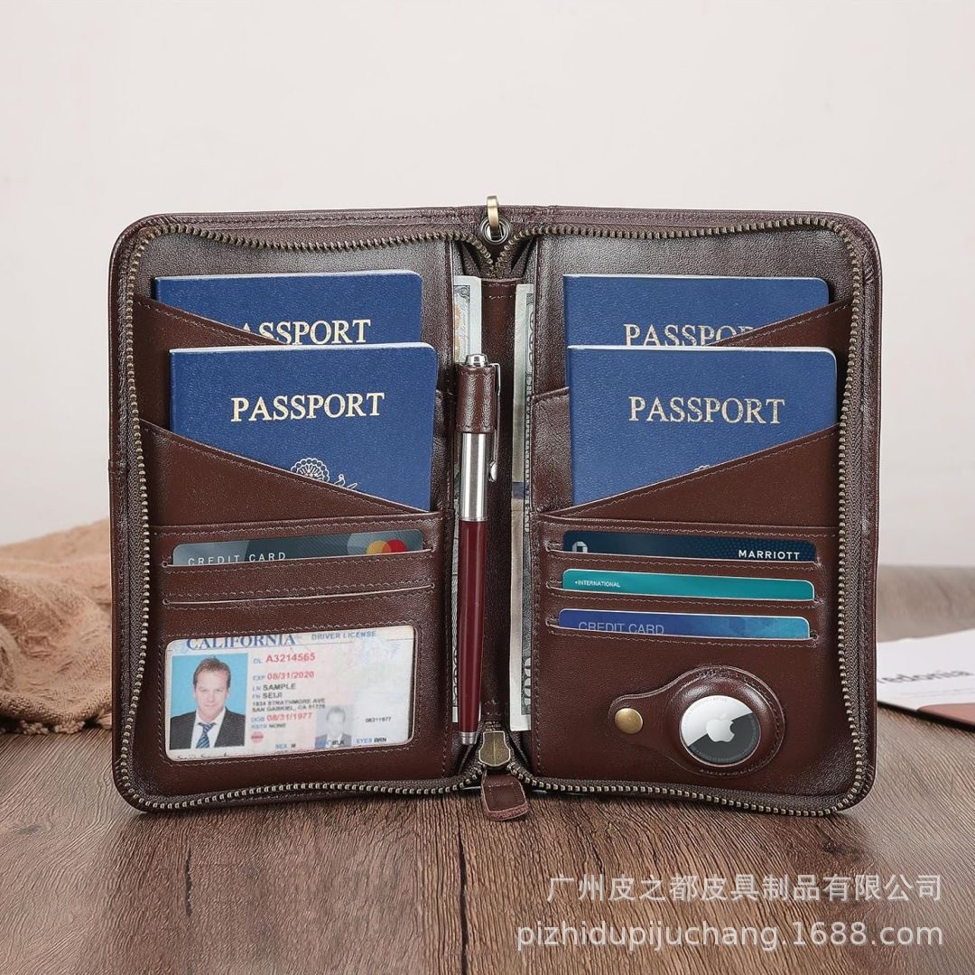 Passport wallet, multifunctional, cowhide, zipper