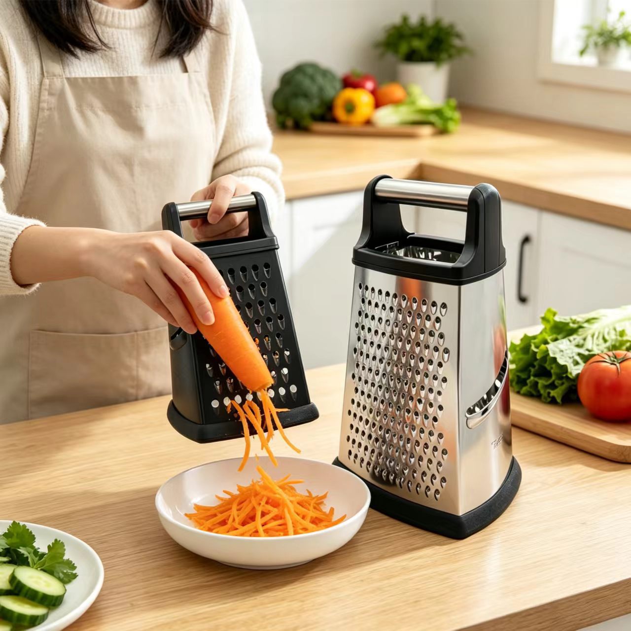 Multifunctional kitchen grater with handle and curved blade