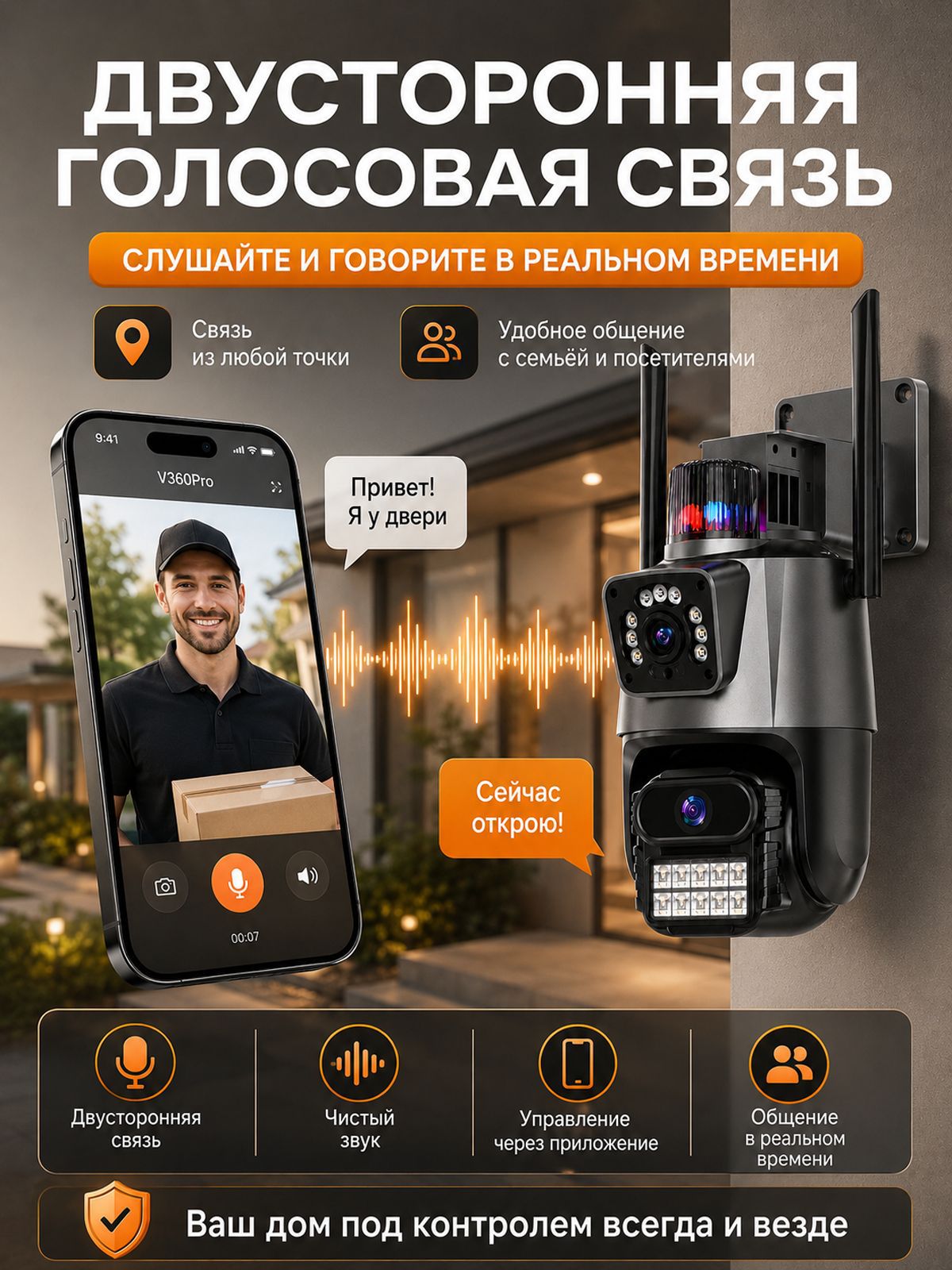 WiFi surveillance camera with night vision, full color, smart