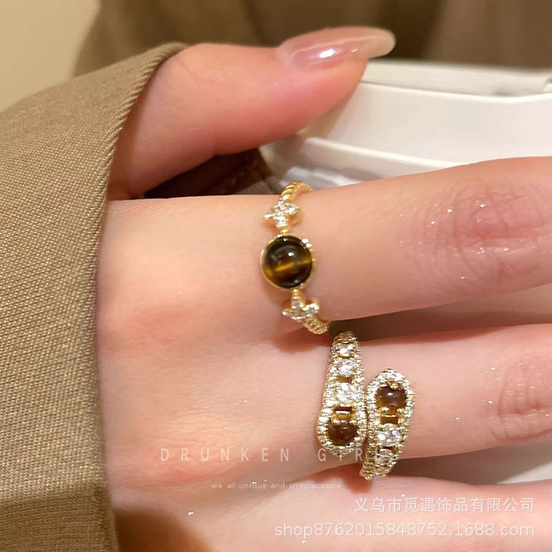 Tiger eye star water drop open ring