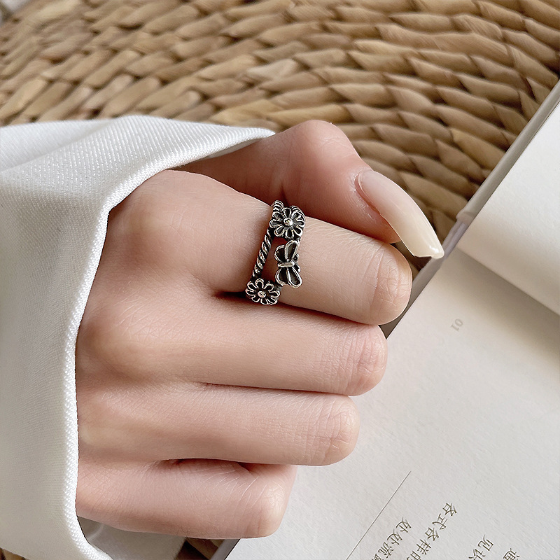 925 silver flower open ring, Thai silver, non-tarnishing
