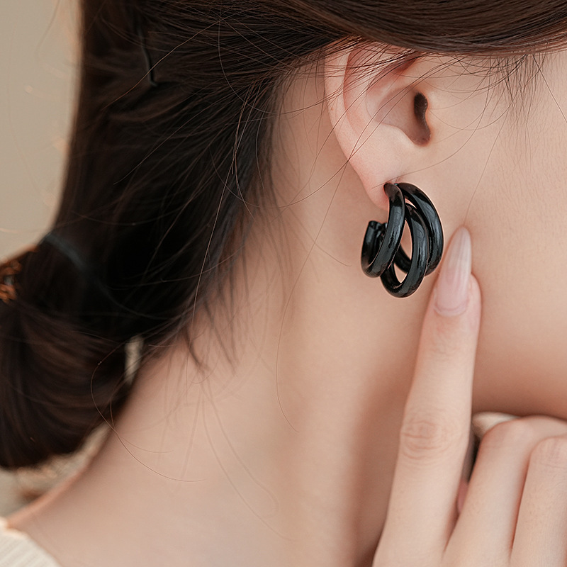 Silver heart butterfly earrings, black zircon, vintage