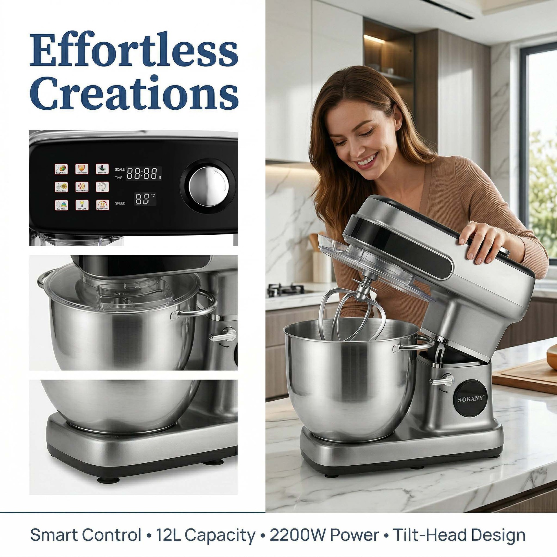 2200W electric stand mixer, 12L chef machine