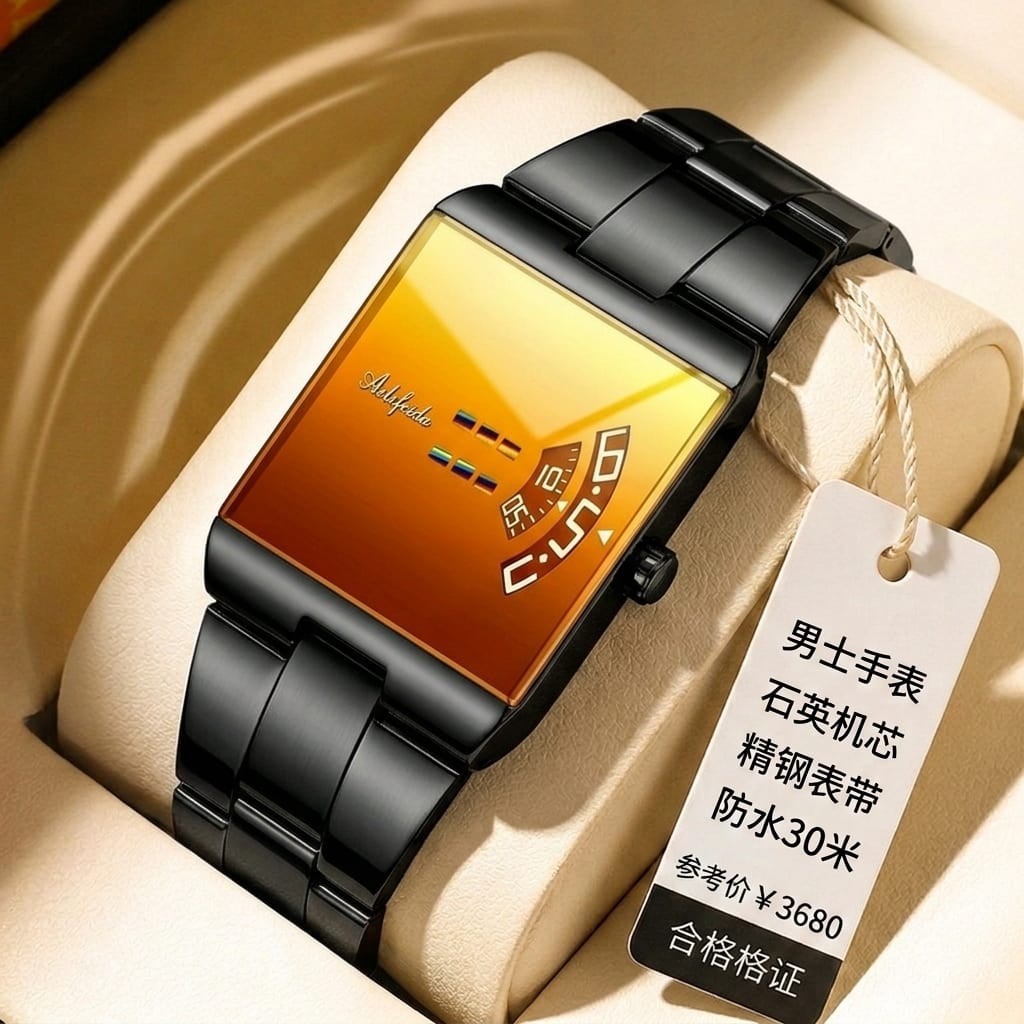 Men's Square Quartz Watch Steel Band Waterproof