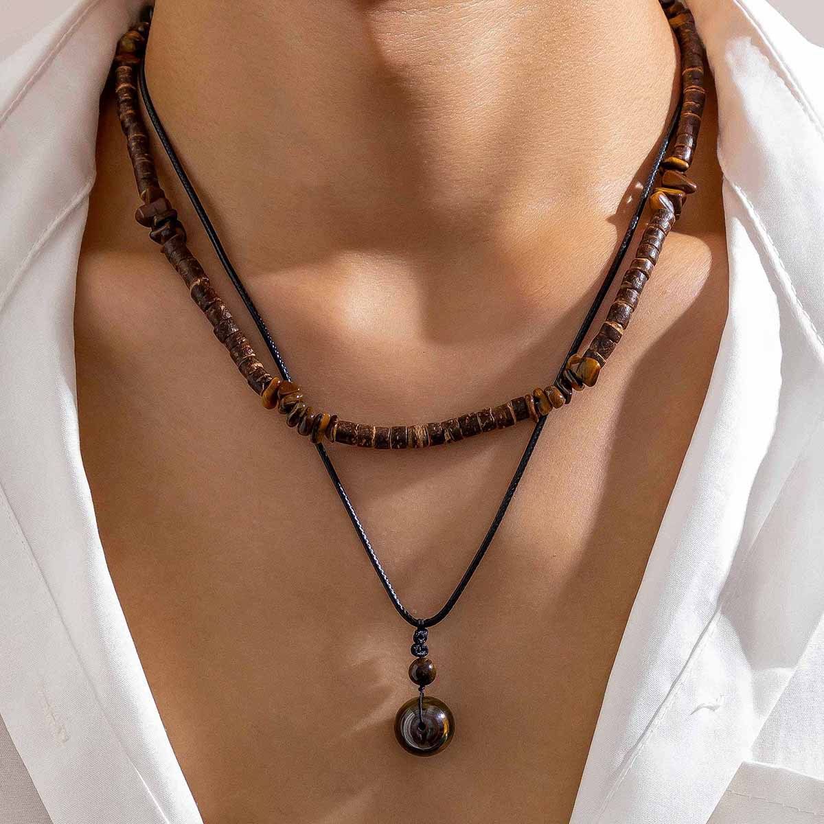Men's wood bead turquoise necklace set