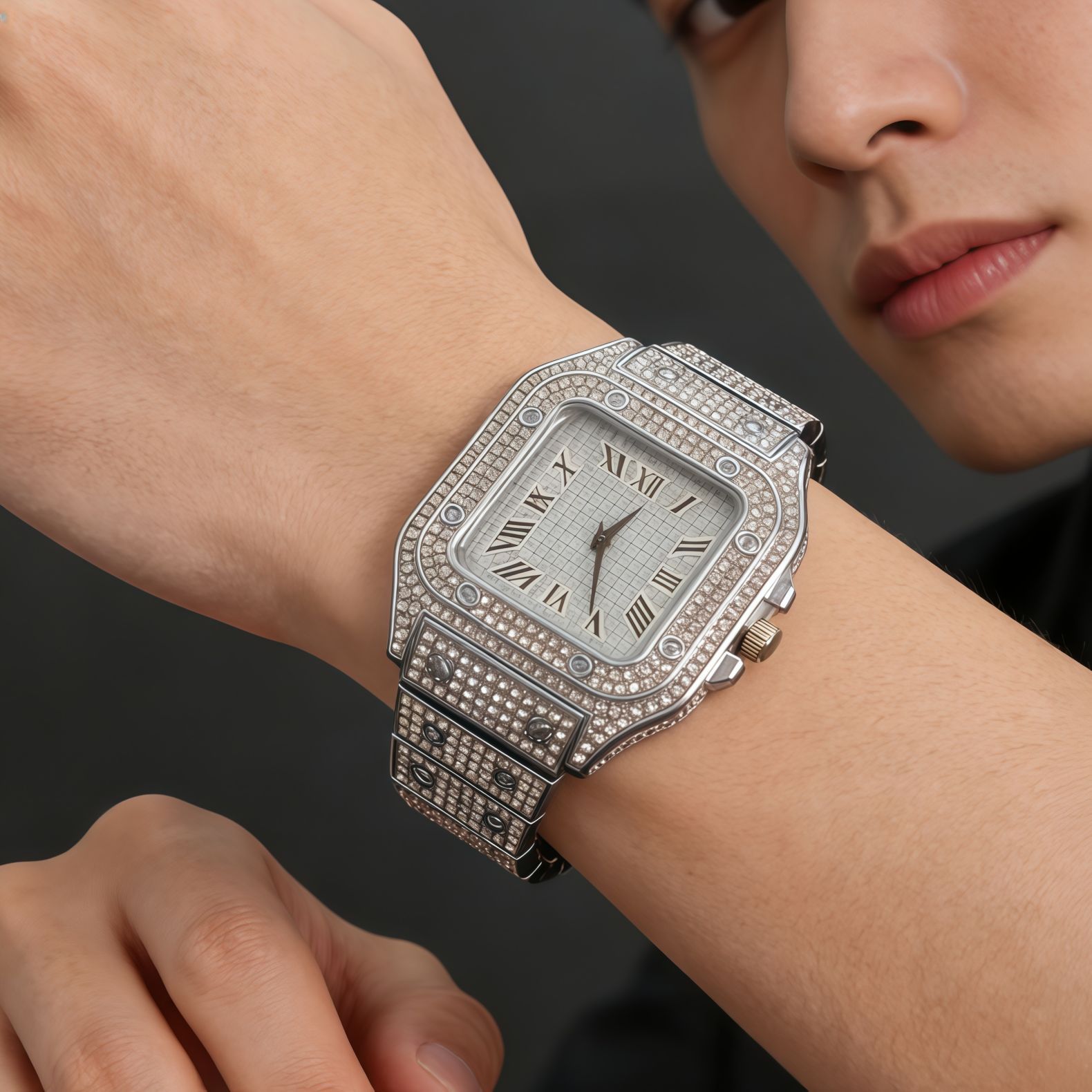 Herren-Quarzuhr mit quadratischem Zifferblatt und Strass