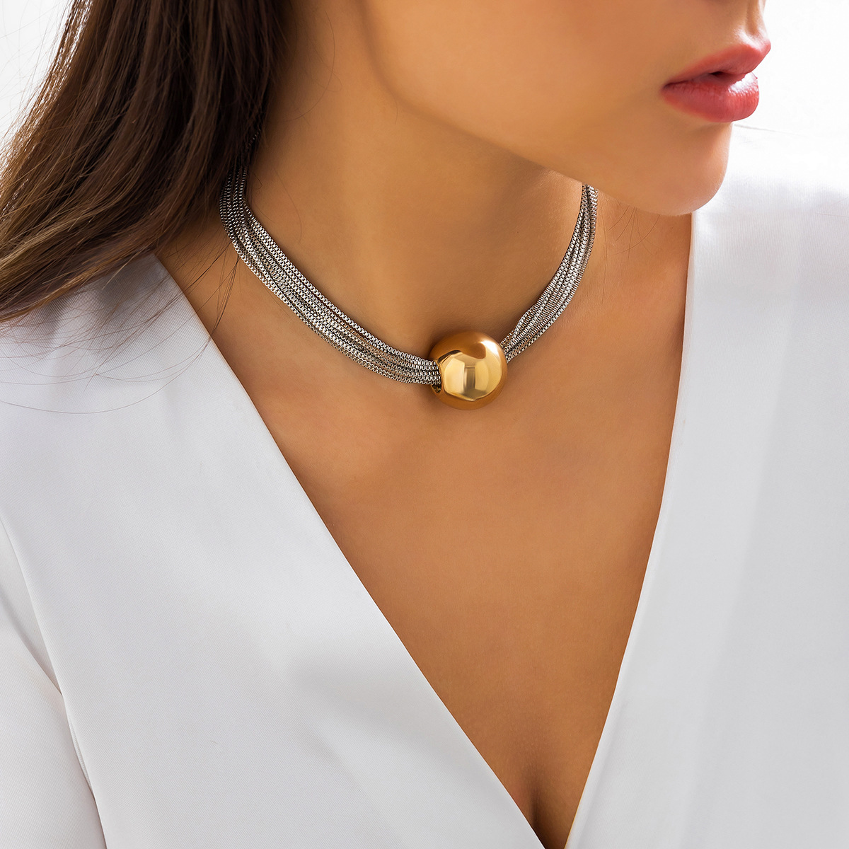 Multi-layer chain pendant necklace with spherical design