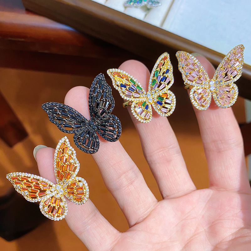 Copper butterfly ring with zirconia stones, adjustable size