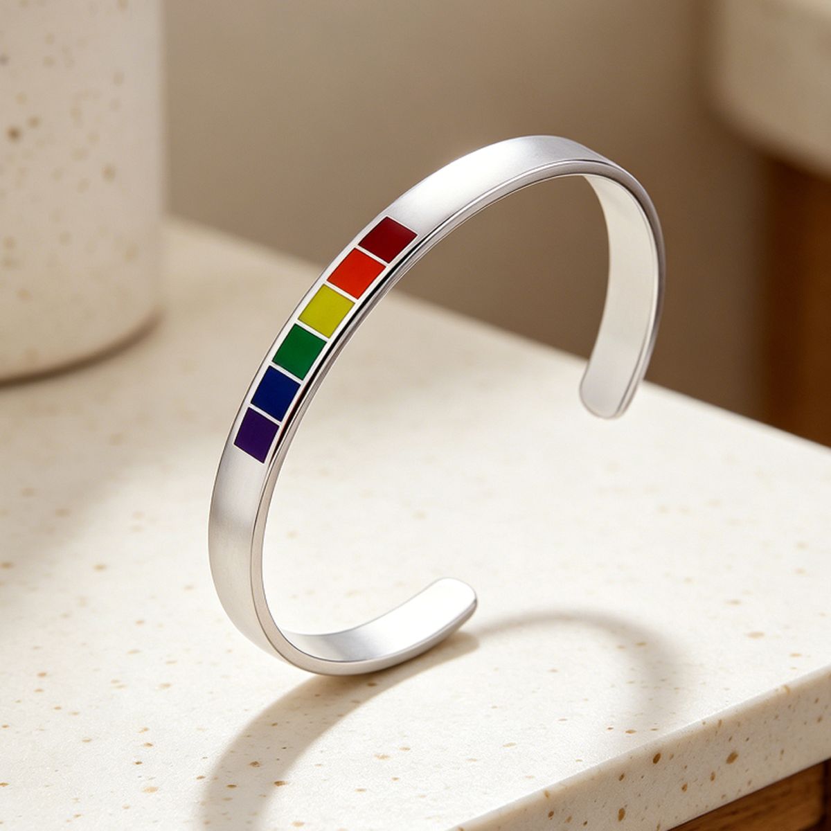 Stainless steel rainbow C-shaped open bangle 6MM