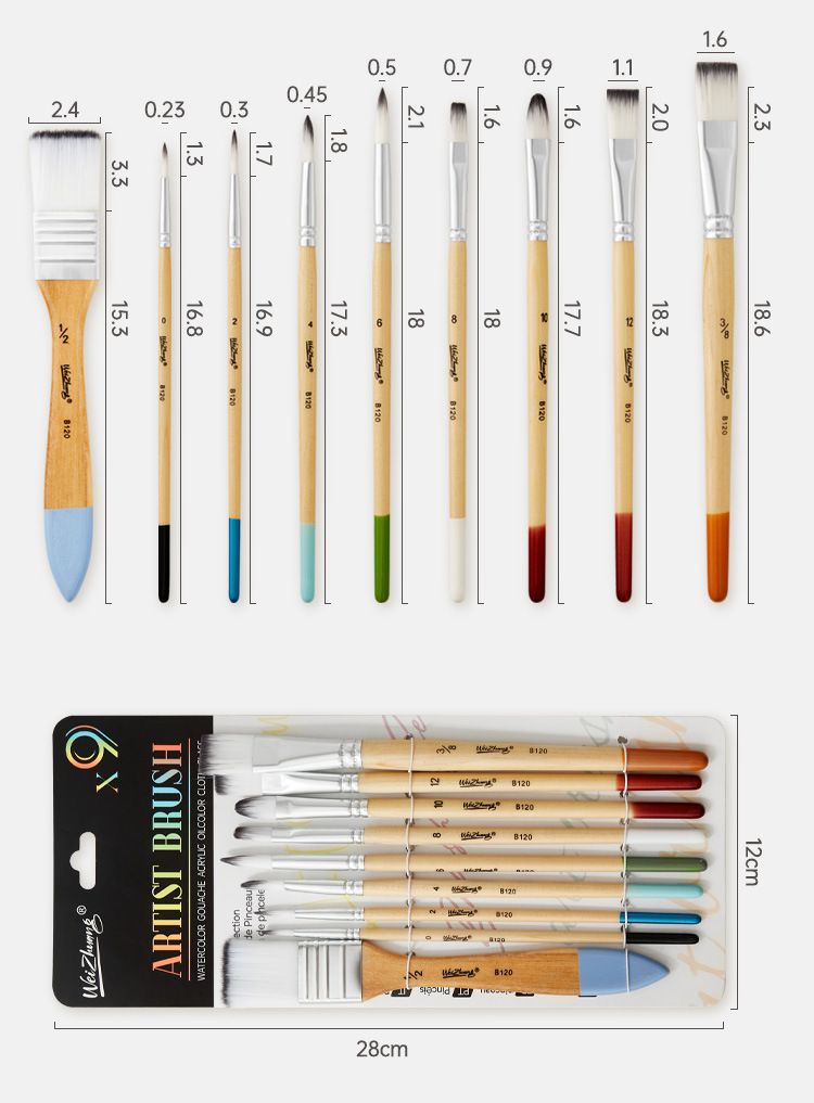 Nylon-Pinselbürsten-Set, 9-teilig, Acryl und Öl
