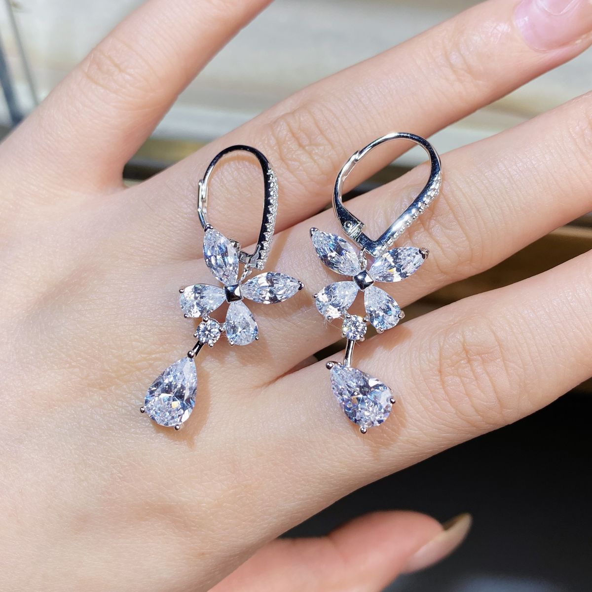 Butterfly earrings, 925 silver, water drop shape, marquise