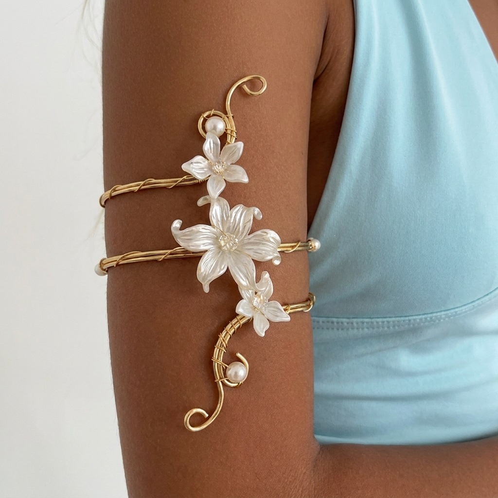 Flower-patterned open bracelet with geometric design for women
