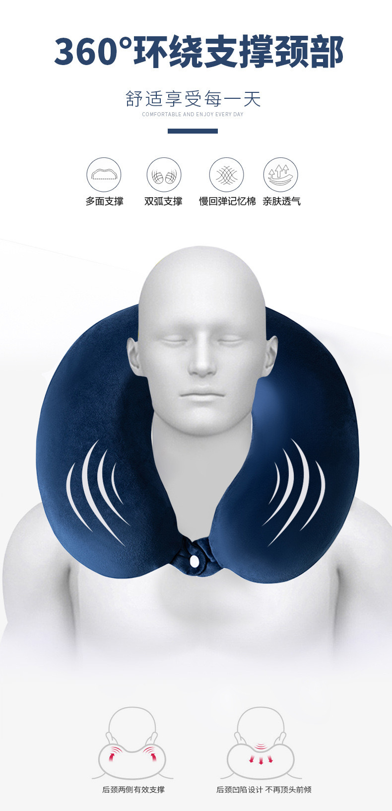 Memory foam U şekilli yastık, çıkarılabilir yıkanabilir