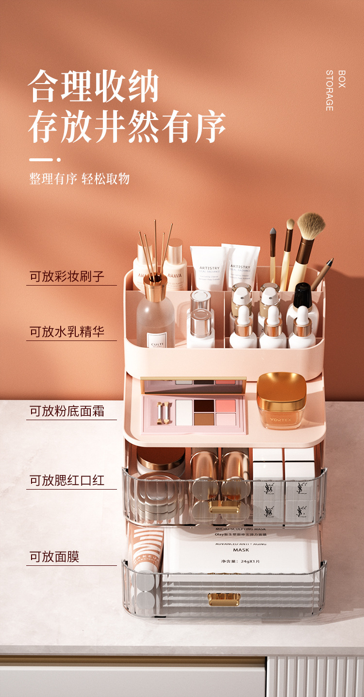 Luxury cosmetic storage box with drawers, dustproof