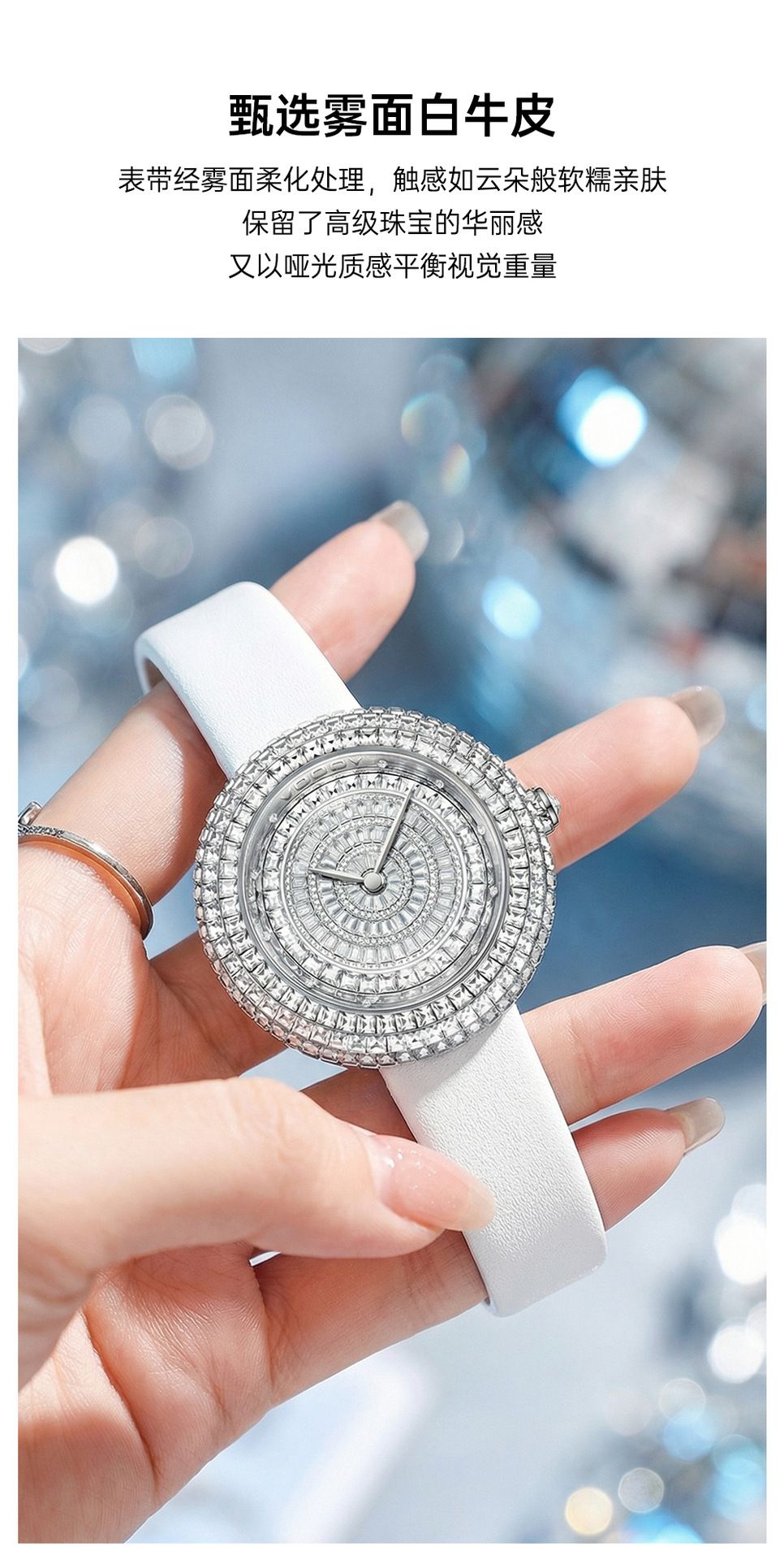 Damen-Quarzuhr mit vollständiger Kristallbesetzung und echtem Lederarmband