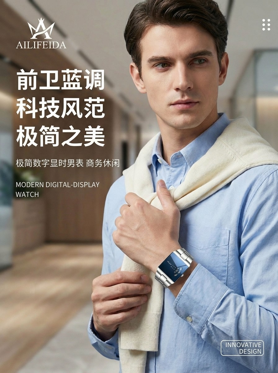 Men's Square Quartz Watch Steel Band Waterproof
