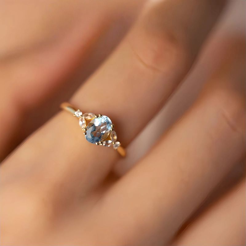 S925 silver 18K gold aquamarine zirconia ring women