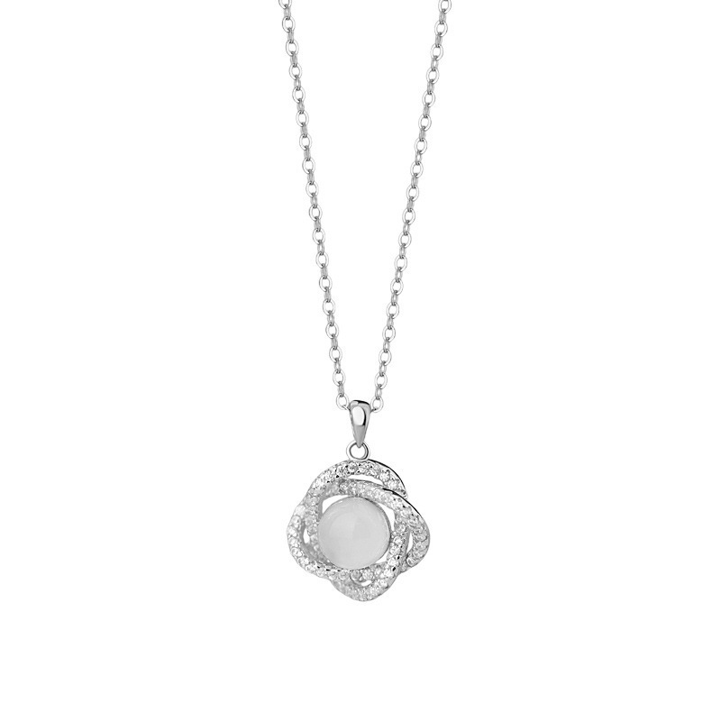 S925 Sterlingsilber Halskette mit weißem Achat und Blüte