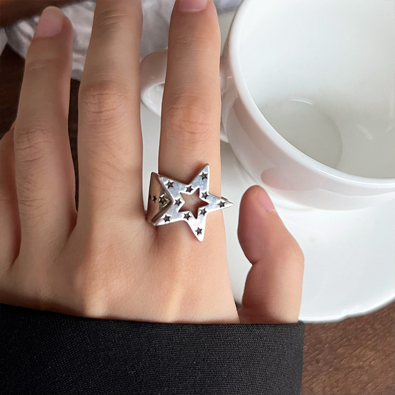 Five-pointed star 925 silver ring, hip-hop design