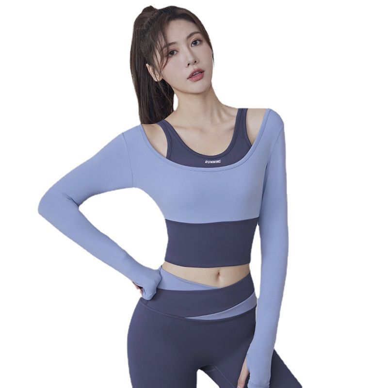Damen Langarm Yoga Sportoberteil, Fitted Fake-Zweiteil