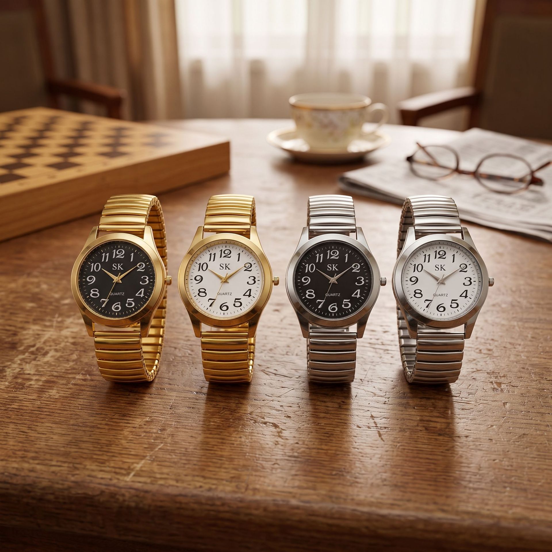 Seniorenuhr mit großen Ziffern, elastisches Band, Quarz