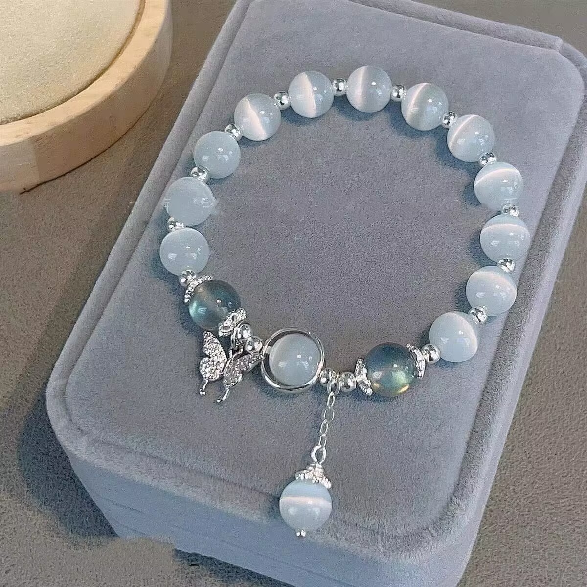 Glass butterfly bracelet women, gray moonlight, niche design