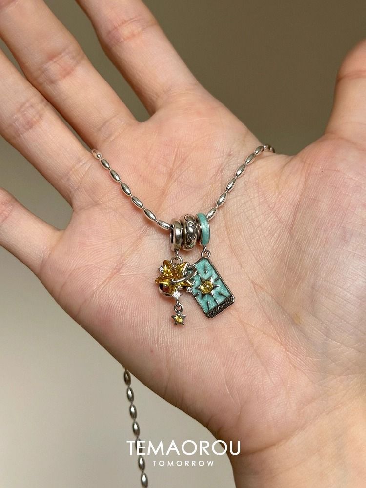 Tarot kartı kolye, mavi glitter, yıldız tasarımı, gırtlak zinciri