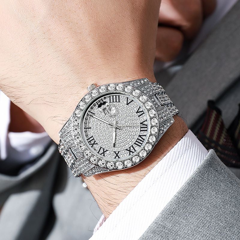 Damen-Quarzuhr mit Edelstahlband, Kalender und Strass