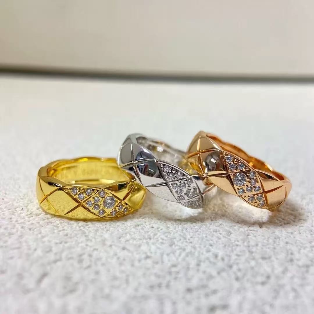Coco-style quilted diamond couple ring, rose gold CNC