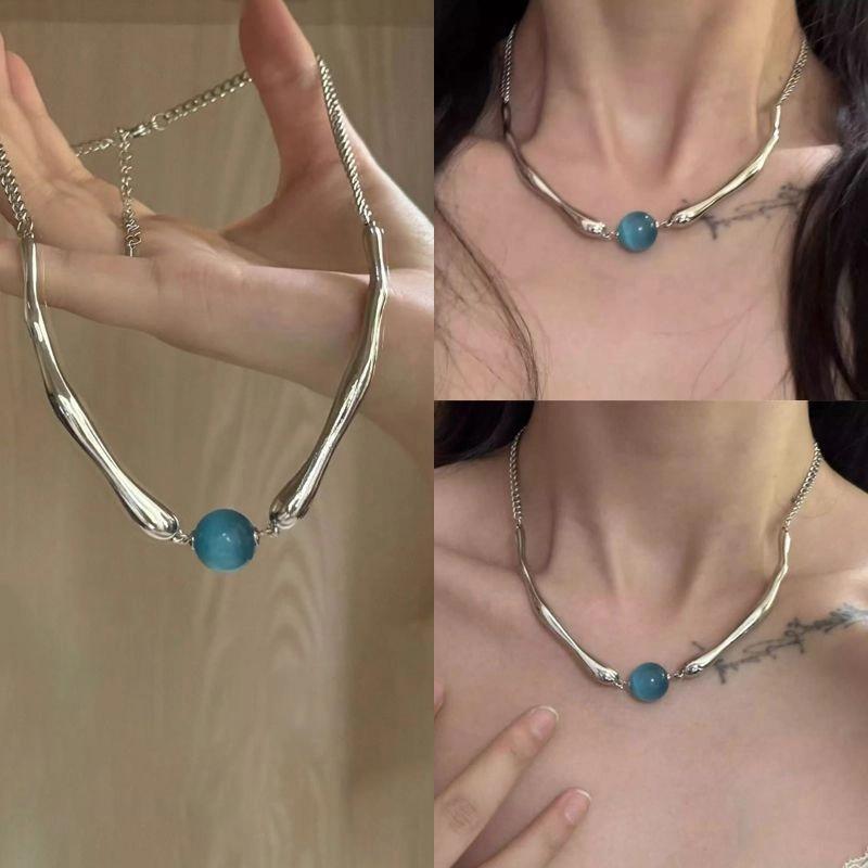 Asymmetric geometric blue necklace stainless steel retro style